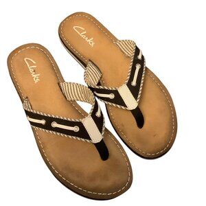 Clarks Breeze Sea Flip Flop Sandals Women Sz 7 Nautical Striped Textile Upper